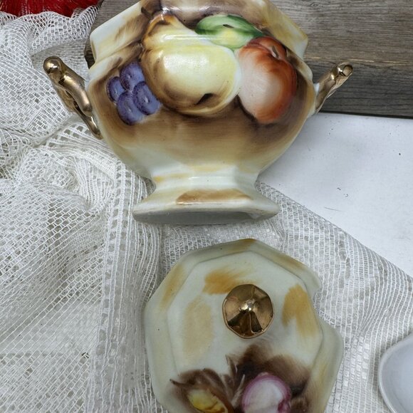 Vintage Enesco Sugar Condiment Bowl w/ Lid Spoon Fruit Gold Trim #E2364 - Picture 7 of 8